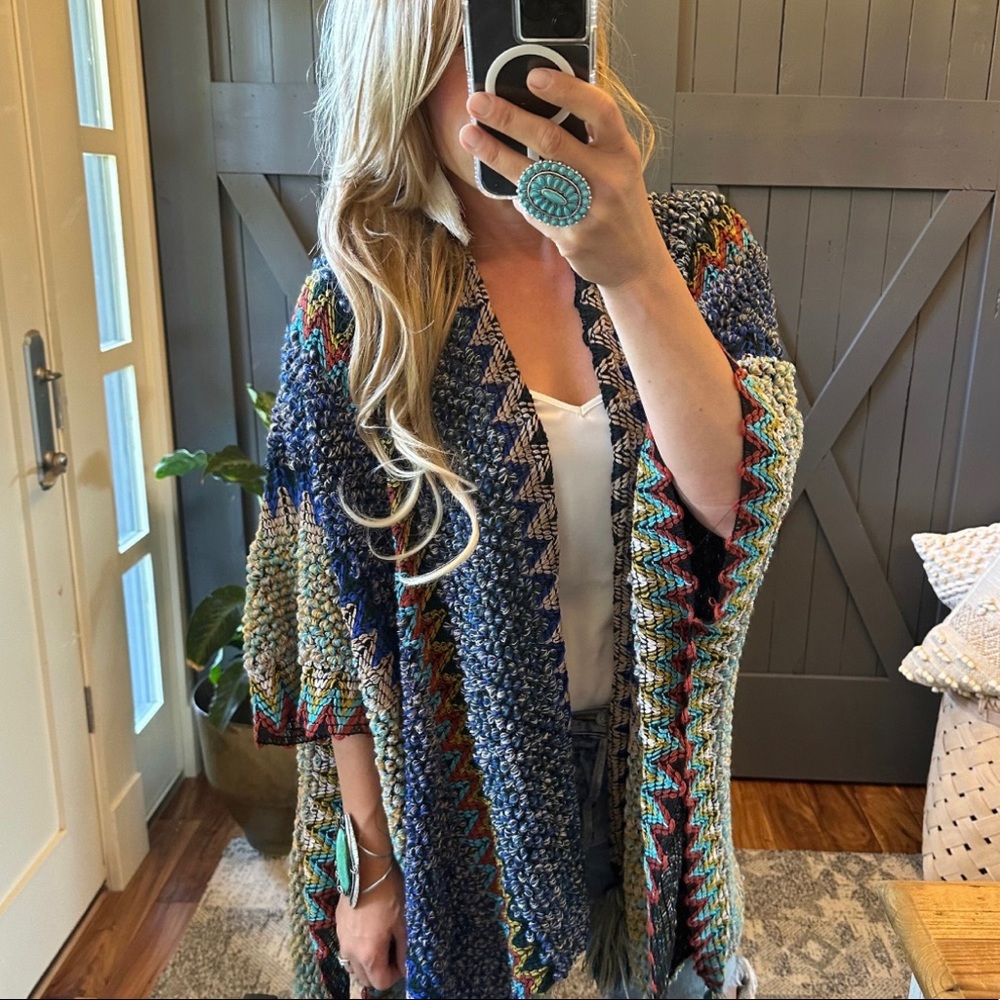 New Bohemian Loom Moroccan Knit Tasseled Blue Poncho Cardigan Sweater - Picture 7 of 11